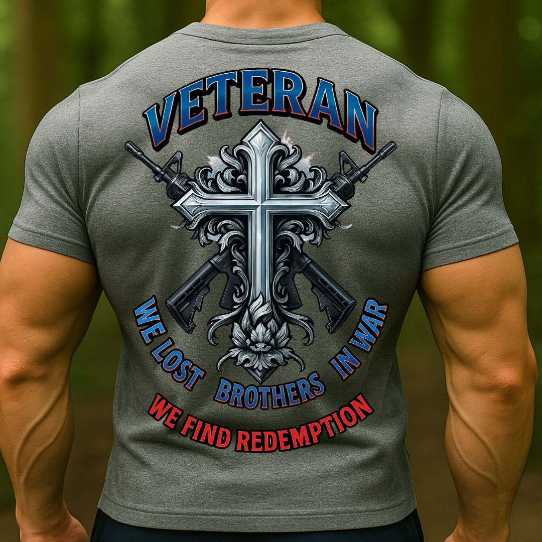 Christian Veteran T-Shirt | We Lost Brothers in War, We Find Redemption Cross Military Shirt
