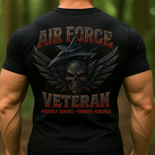 Air Force Veteran T-Shirt – Proudly Served Forever Honored Military Skull Fighter Jet Tee