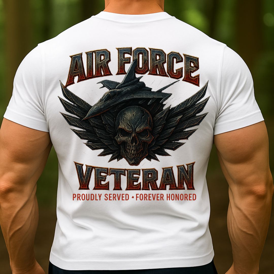 Air Force Veteran T-Shirt – Proudly Served Forever Honored Military Skull Fighter Jet Tee
