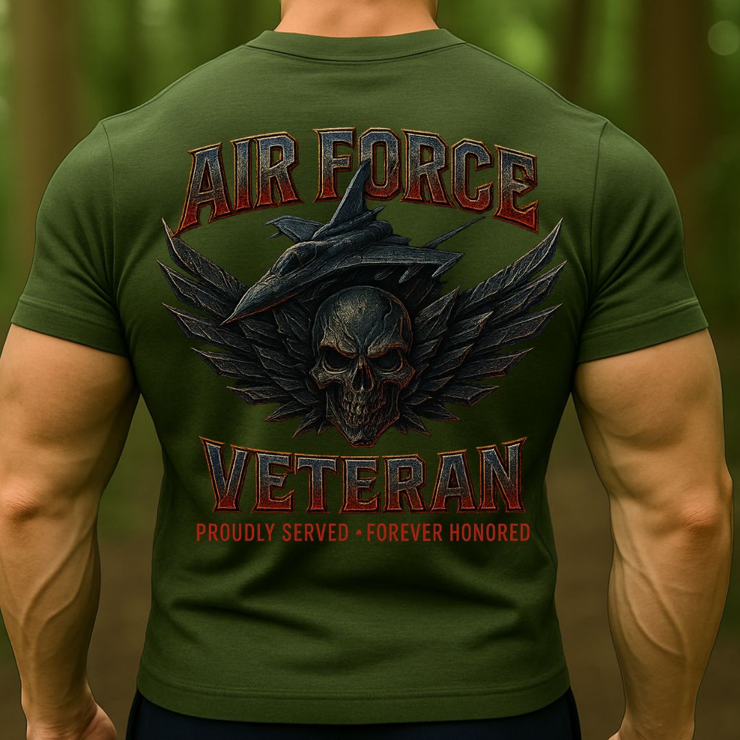 Air Force Veteran T-Shirt – Proudly Served Forever Honored Military Skull Fighter Jet Tee