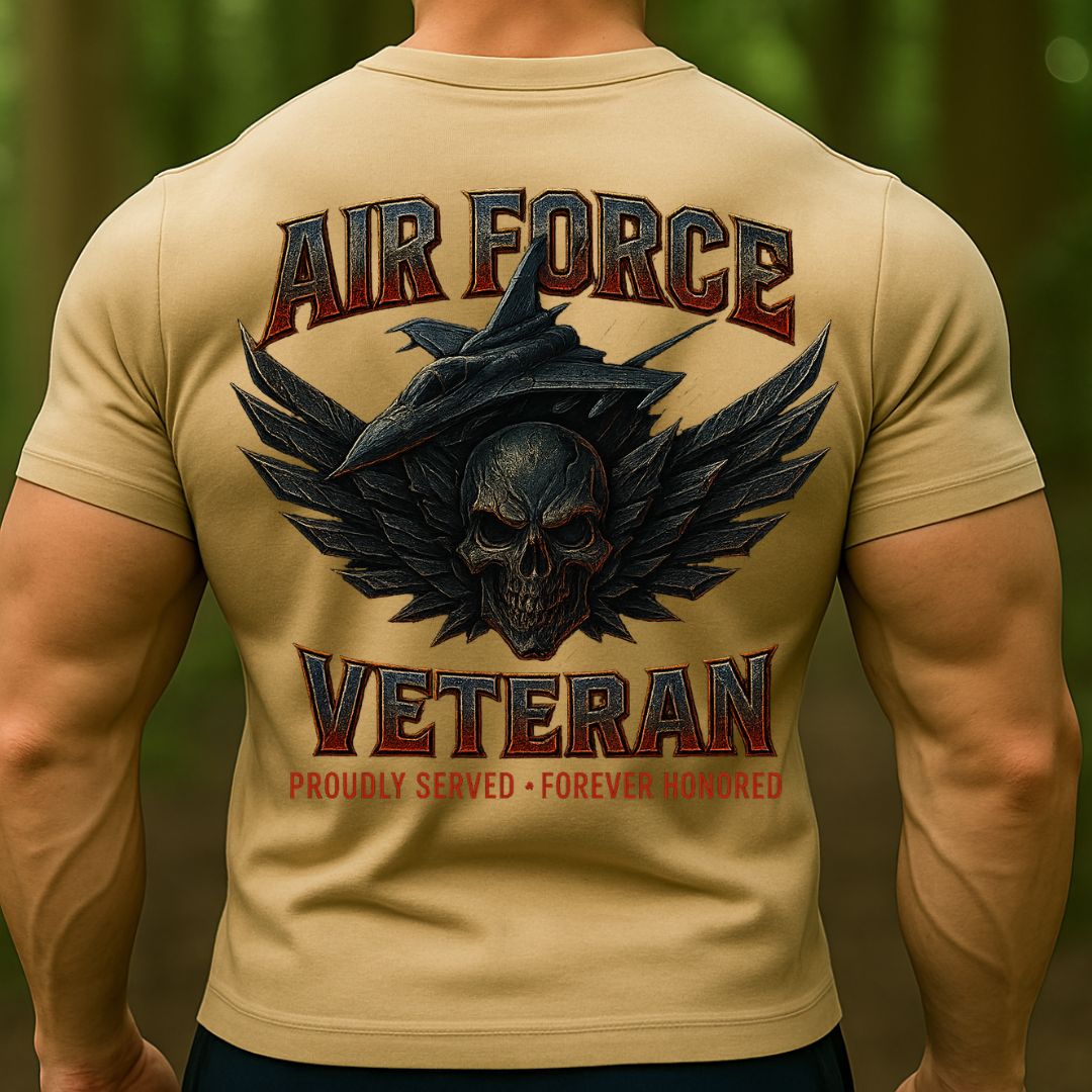 Air Force Veteran T-Shirt – Proudly Served Forever Honored Military Skull Fighter Jet Tee