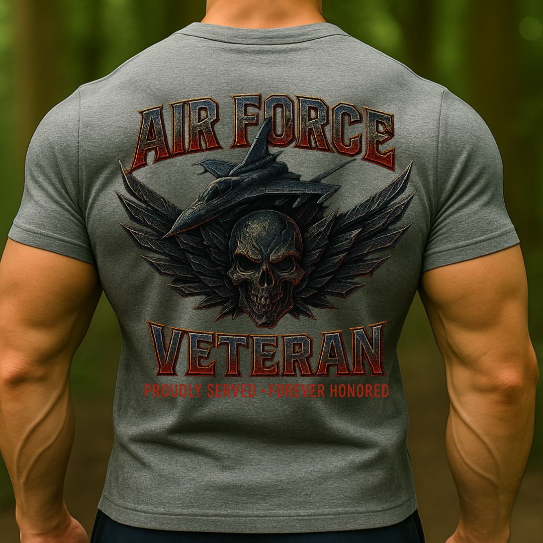 Air Force Veteran T-Shirt – Proudly Served Forever Honored Military Skull Fighter Jet Tee