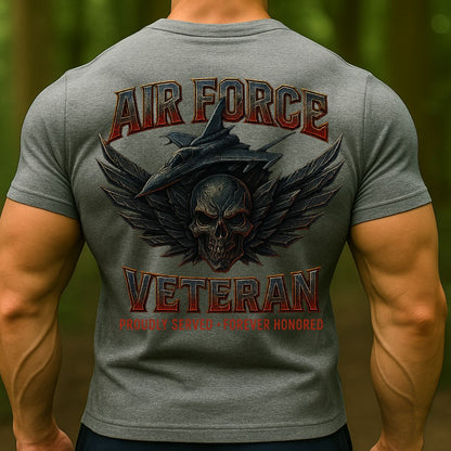 Air Force Veteran T-Shirt – Proudly Served Forever Honored Military Skull Fighter Jet Tee