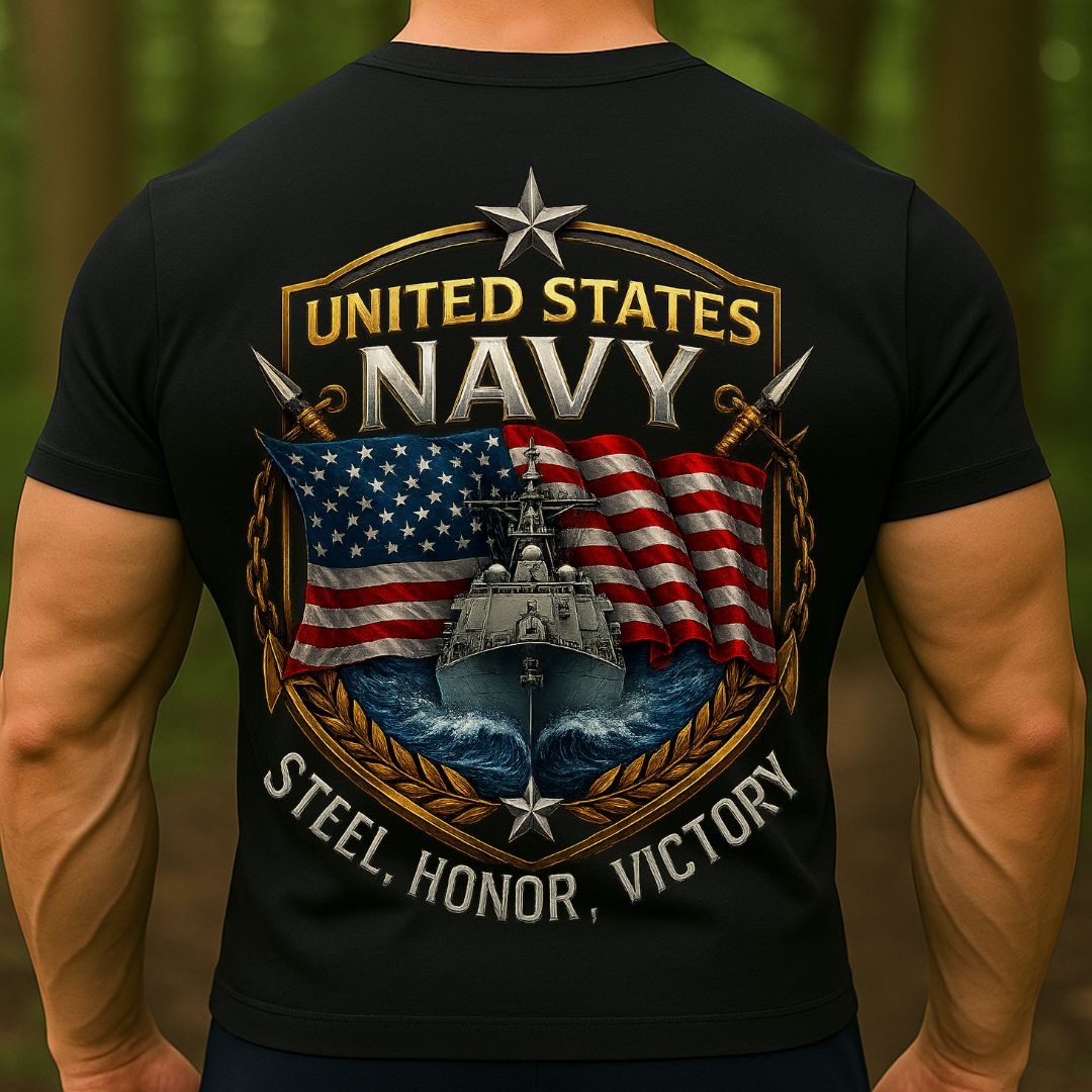 United States Navy T-Shirt – Steel Honor Victory Design | US Navy Warship & American Flag Military Veteran Tee