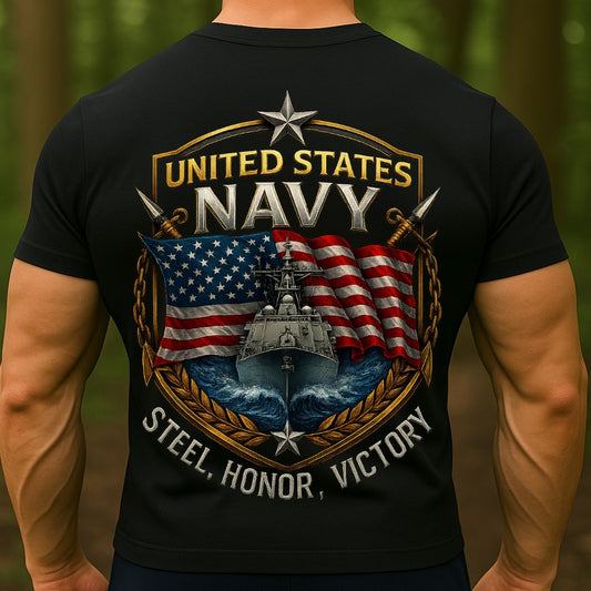 United States Navy T-Shirt – Steel Honor Victory Design | US Navy Warship & American Flag Military Veteran Tee