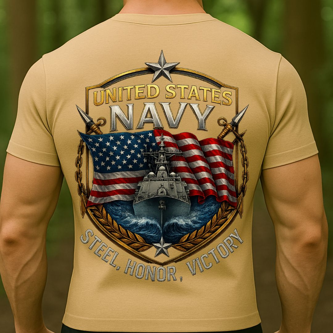 United States Navy T-Shirt – Steel Honor Victory Design | US Navy Warship & American Flag Military Veteran Tee