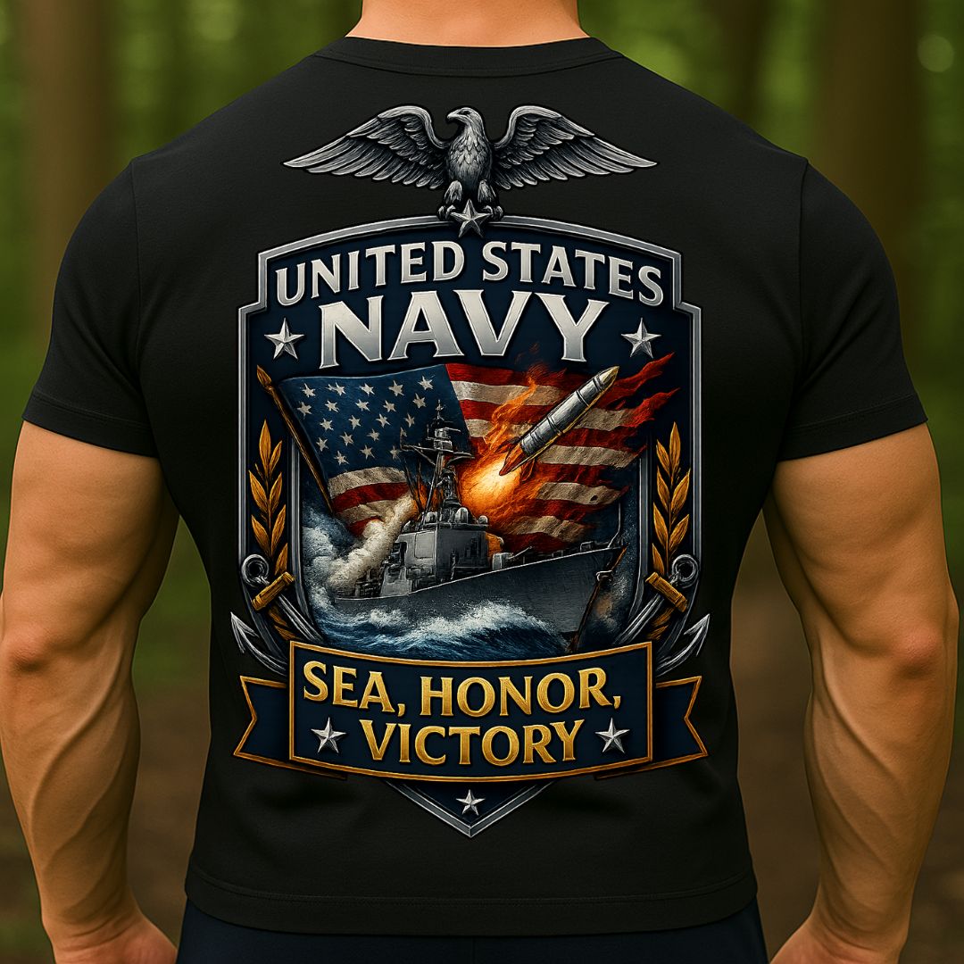 US Navy T-Shirt – Sea, Honor, Victory Warship Design | United States Navy Military Veteran Tee
