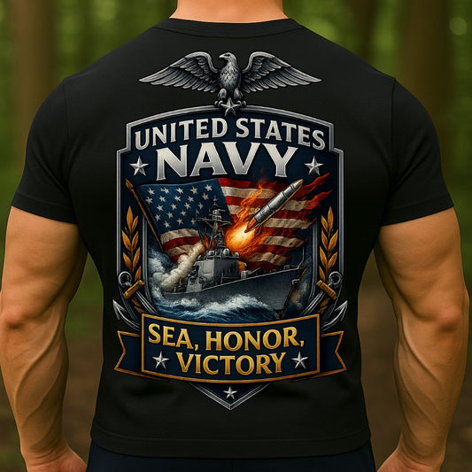 US Navy T-Shirt – Sea, Honor, Victory Warship Design | United States Navy Military Veteran Tee