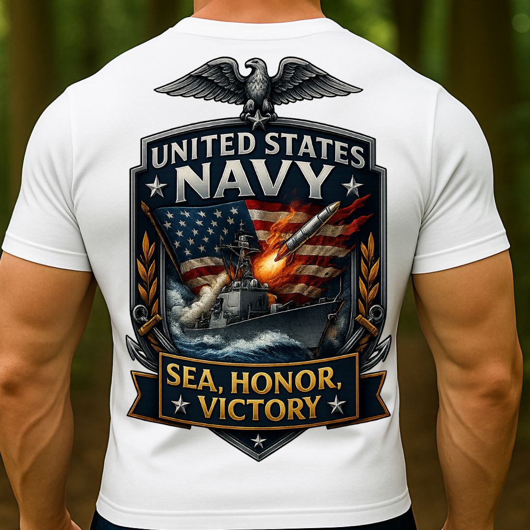 US Navy T-Shirt – Sea, Honor, Victory Warship Design | United States Navy Military Veteran Tee