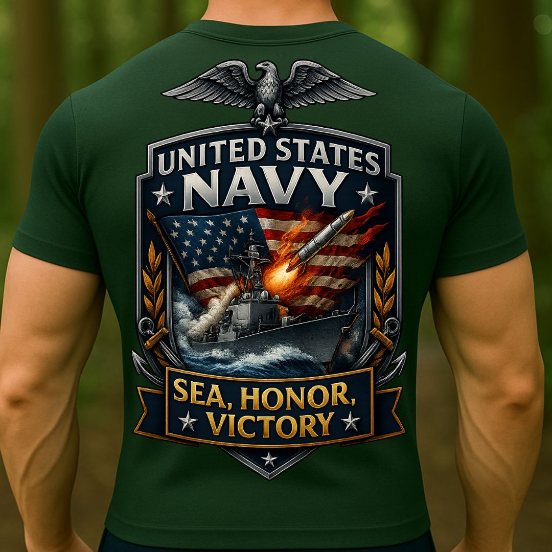 US Navy T-Shirt – Sea, Honor, Victory Warship Design | United States Navy Military Veteran Tee