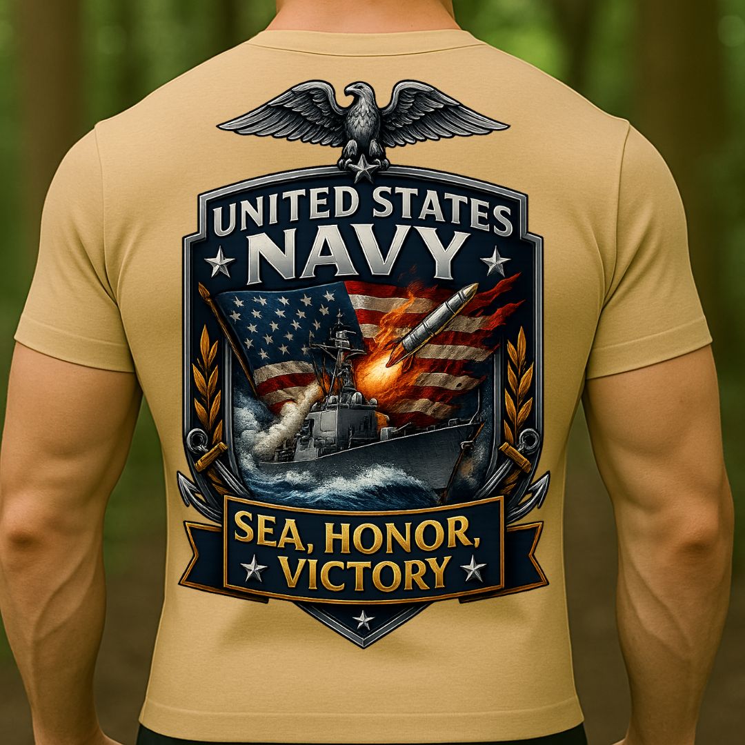 US Navy T-Shirt – Sea, Honor, Victory Warship Design | United States Navy Military Veteran Tee