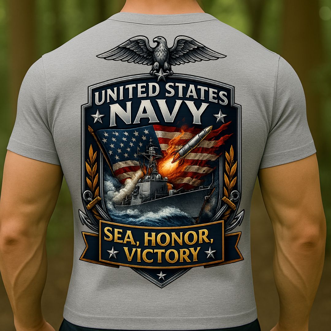 US Navy T-Shirt – Sea, Honor, Victory Warship Design | United States Navy Military Veteran Tee