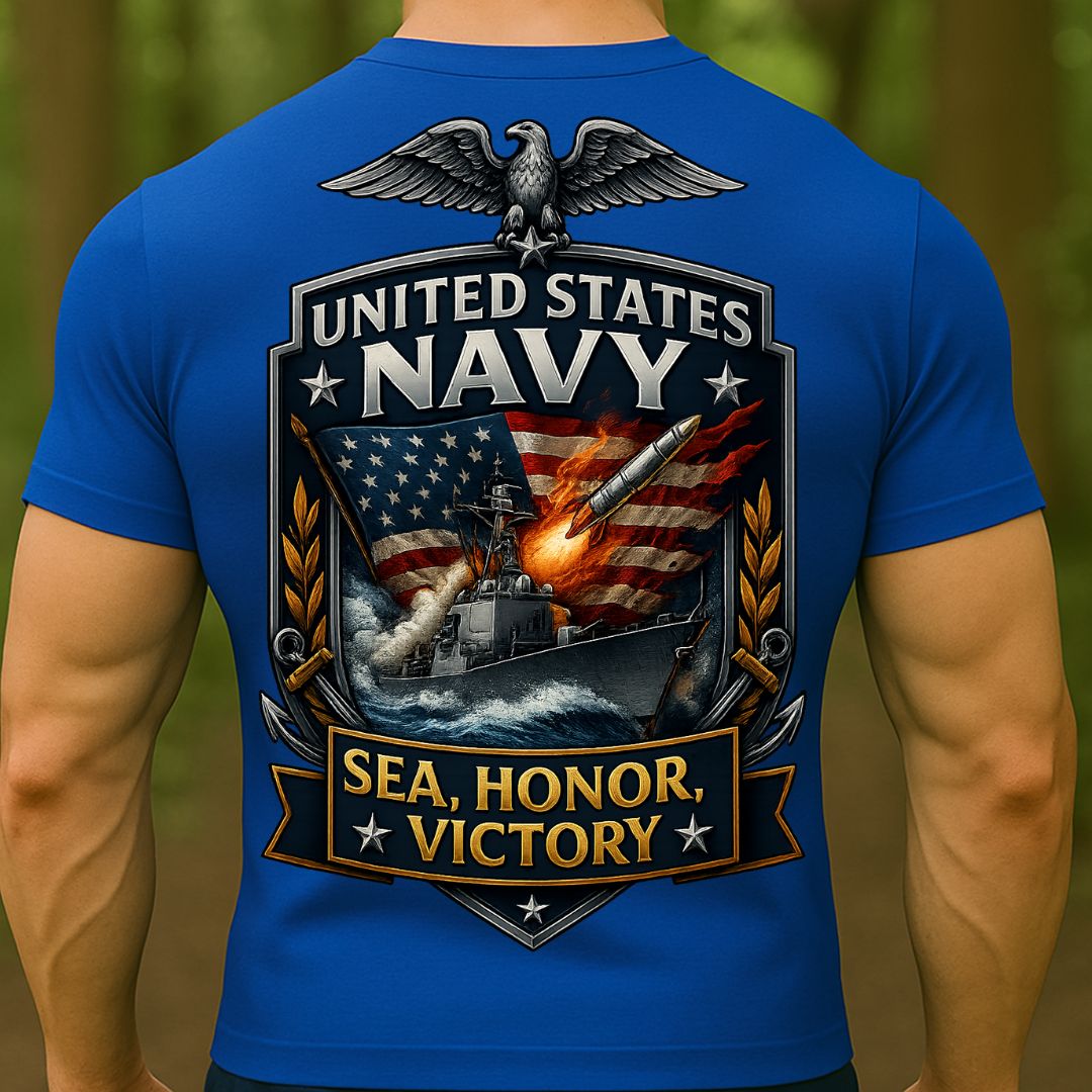 US Navy T-Shirt – Sea, Honor, Victory Warship Design | United States Navy Military Veteran Tee