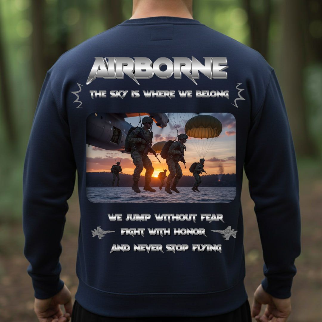 Airborne Veteran T-Shirt – The Sky Is Where We Belong | Jump Without Fear, Fight With Honor, Never Stop Flying Veteran Military Tee