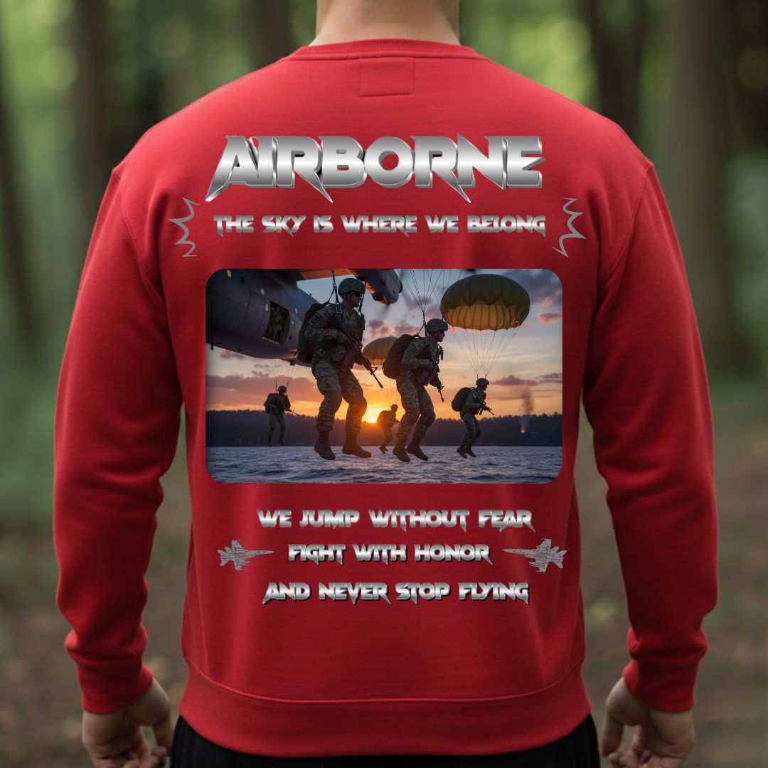 Airborne Veteran T-Shirt – The Sky Is Where We Belong | Jump Without Fear, Fight With Honor, Never Stop Flying Veteran Military Tee