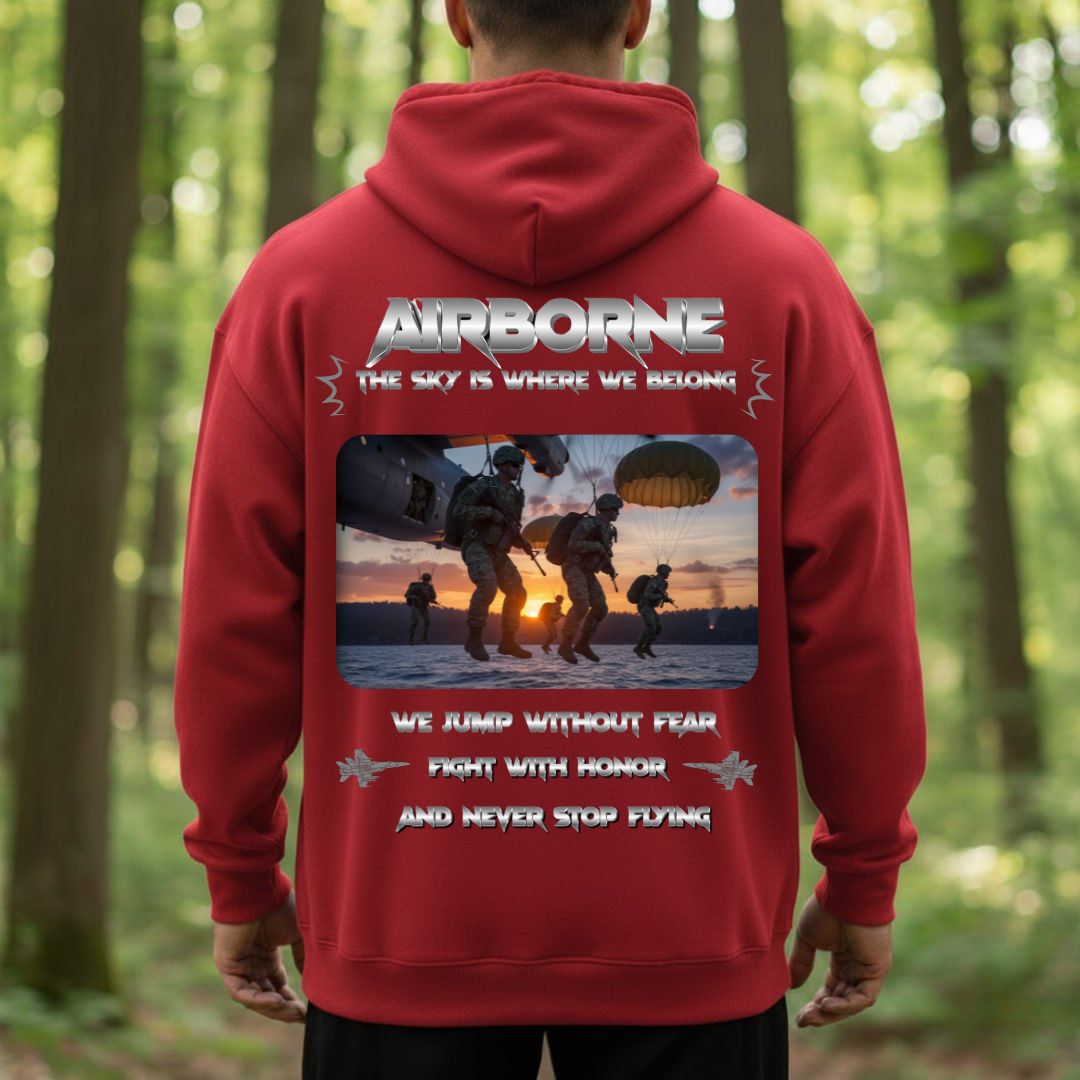 Airborne Veteran T-Shirt – The Sky Is Where We Belong | Jump Without Fear, Fight With Honor, Never Stop Flying Veteran Military Tee