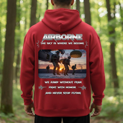 Airborne Veteran T-Shirt – The Sky Is Where We Belong | Jump Without Fear, Fight With Honor, Never Stop Flying Veteran Military Tee