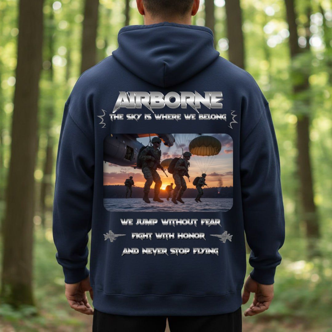 Airborne Veteran T-Shirt – The Sky Is Where We Belong | Jump Without Fear, Fight With Honor, Never Stop Flying Veteran Military Tee
