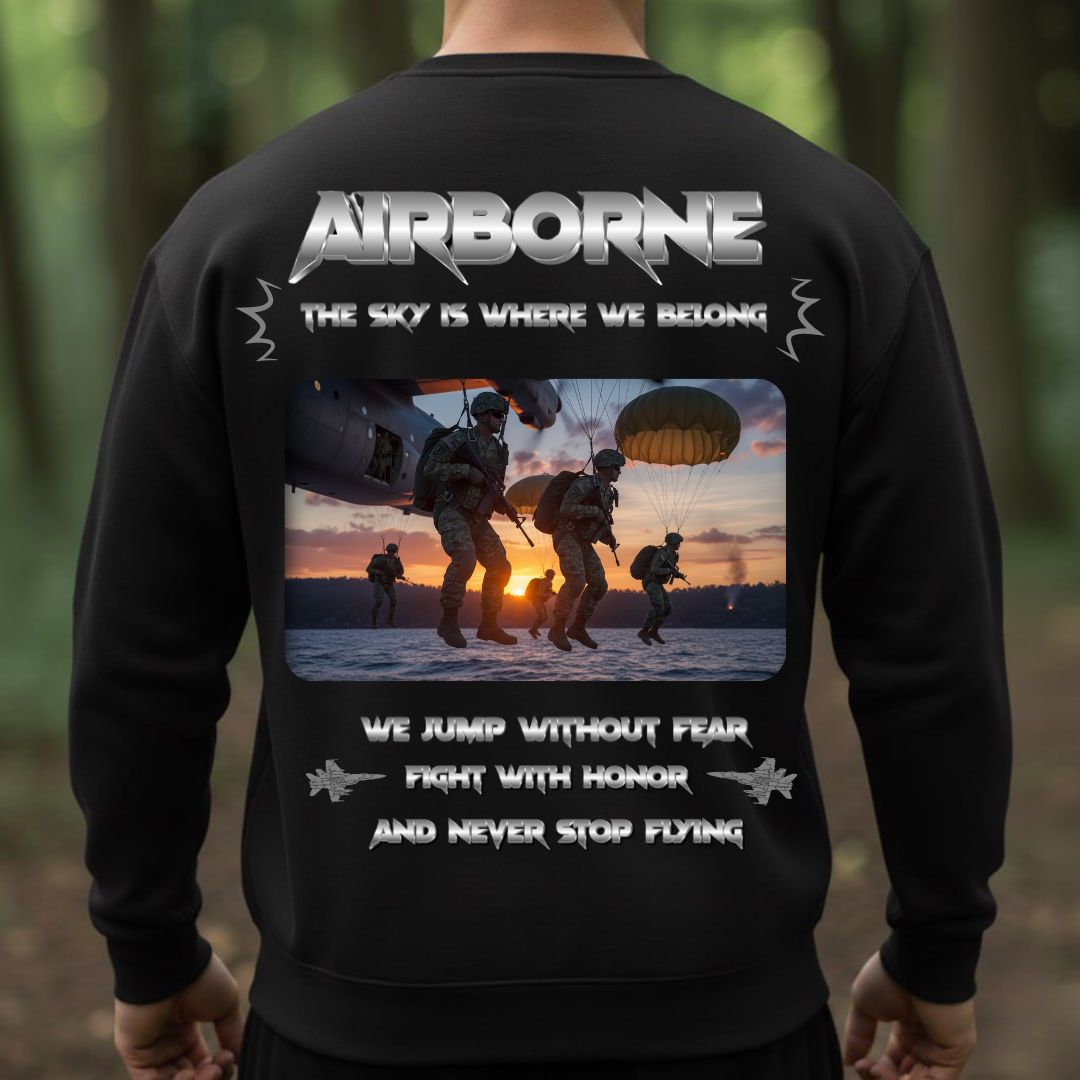 Airborne Veteran T-Shirt – The Sky Is Where We Belong | Jump Without Fear, Fight With Honor, Never Stop Flying Veteran Military Tee
