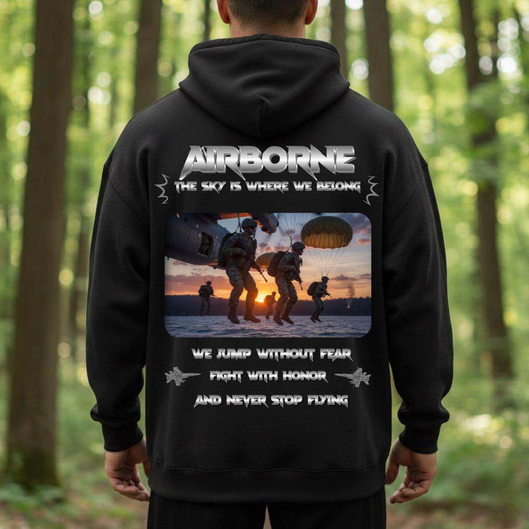 Airborne Veteran T-Shirt – The Sky Is Where We Belong | Jump Without Fear, Fight With Honor, Never Stop Flying Veteran Military Tee