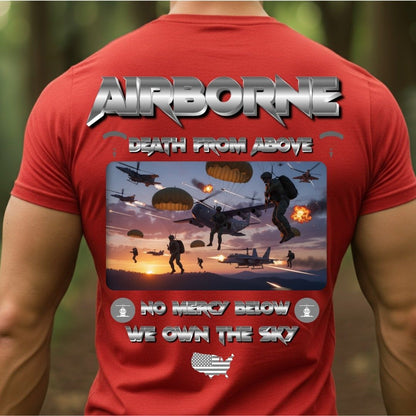 Airborne Veteran T-Shirt – Death From Above | No Mercy Below, We Own The Sky Military Paratrooper Tee