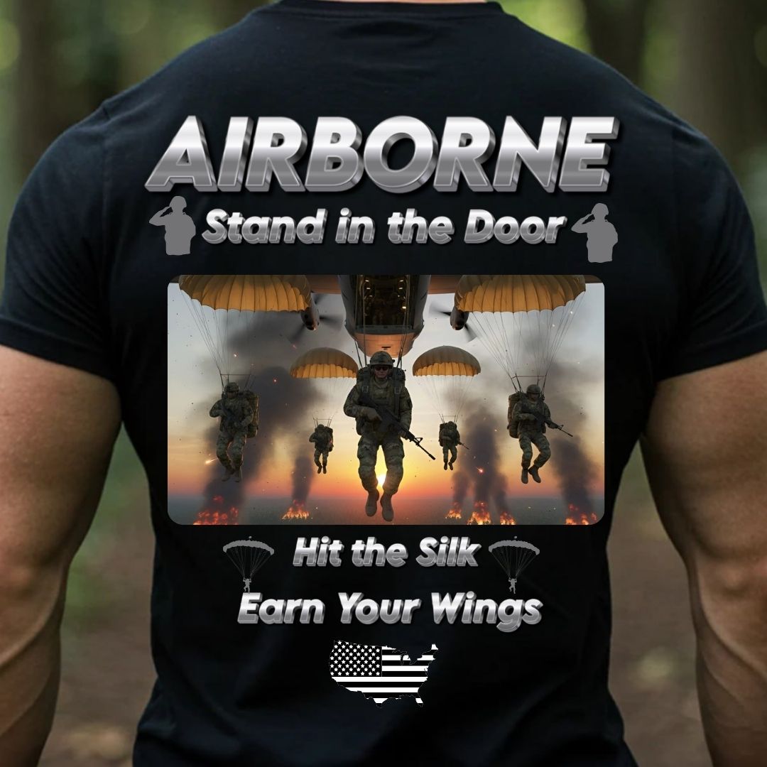 Airborne Veteran T-Shirt – Stand in the Door | Hit the Silk Earn Your Wings Military Paratrooper Tee