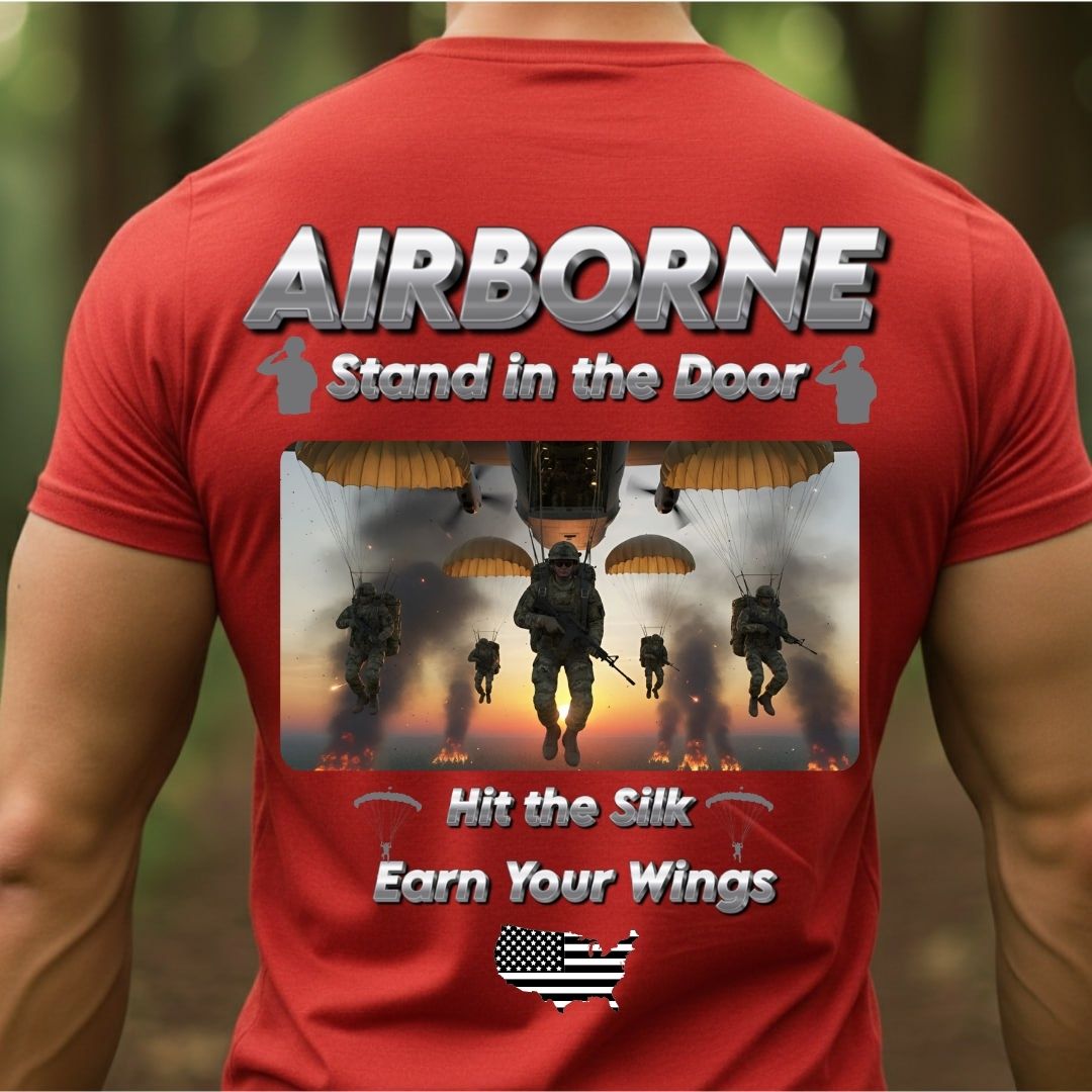 Airborne Veteran T-Shirt – Stand in the Door | Hit the Silk Earn Your Wings Military Paratrooper Tee