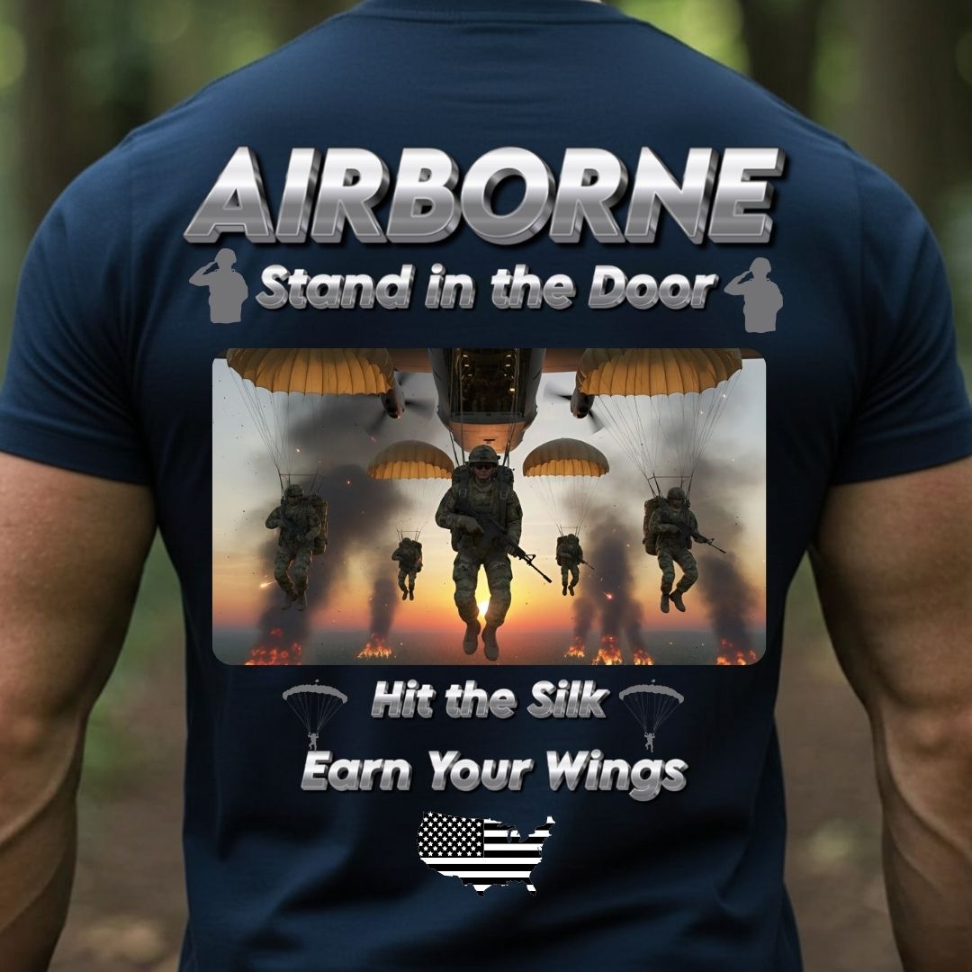 Airborne Veteran T-Shirt – Stand in the Door | Hit the Silk Earn Your Wings Military Paratrooper Tee