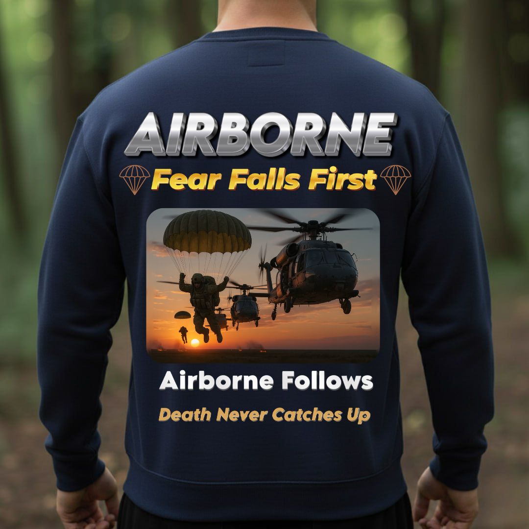 Airborne Veteran T-Shirt – Fear Falls First | Airborne Follows, Death Never Catches Up Military Paratrooper Tee