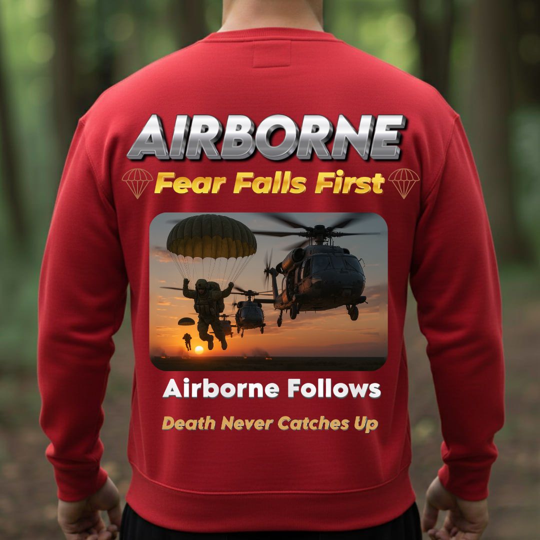 Airborne Veteran T-Shirt – Fear Falls First | Airborne Follows, Death Never Catches Up Military Paratrooper Tee
