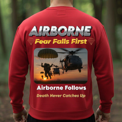 Airborne Veteran T-Shirt – Fear Falls First | Airborne Follows, Death Never Catches Up Military Paratrooper Tee
