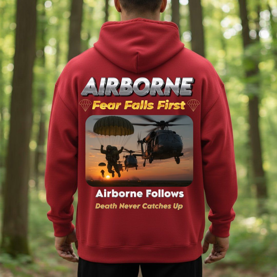Airborne Veteran T-Shirt – Fear Falls First | Airborne Follows, Death Never Catches Up Military Paratrooper Tee