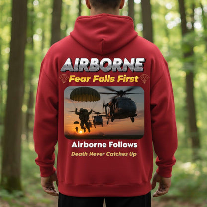 Airborne Veteran T-Shirt – Fear Falls First | Airborne Follows, Death Never Catches Up Military Paratrooper Tee