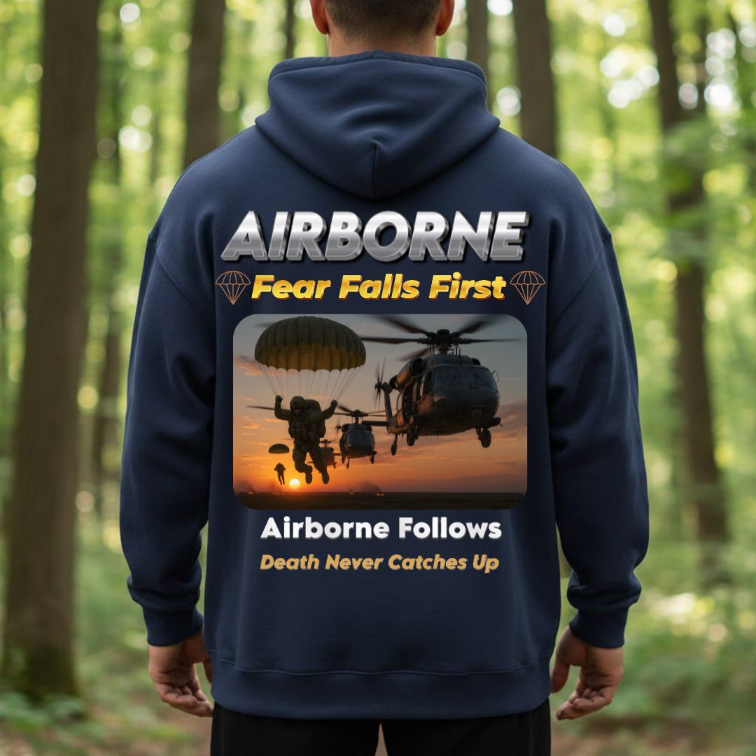Airborne Veteran T-Shirt – Fear Falls First | Airborne Follows, Death Never Catches Up Military Paratrooper Tee