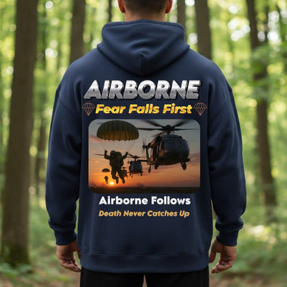 Airborne Veteran T-Shirt – Fear Falls First | Airborne Follows, Death Never Catches Up Military Paratrooper Tee