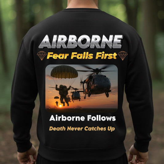 Airborne Veteran T-Shirt – Fear Falls First | Airborne Follows, Death Never Catches Up Military Paratrooper Tee
