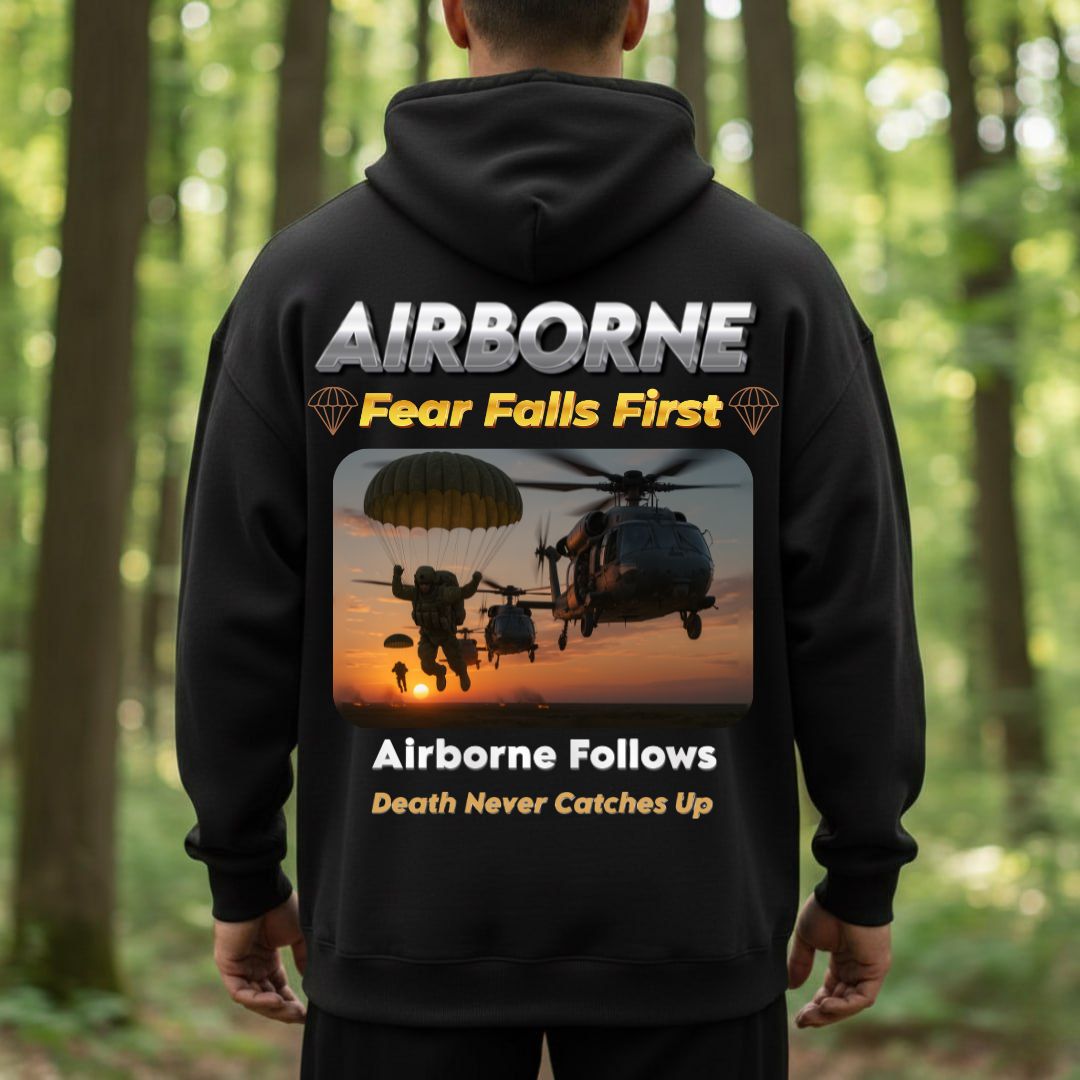 Airborne Veteran T-Shirt – Fear Falls First | Airborne Follows, Death Never Catches Up Military Paratrooper Tee