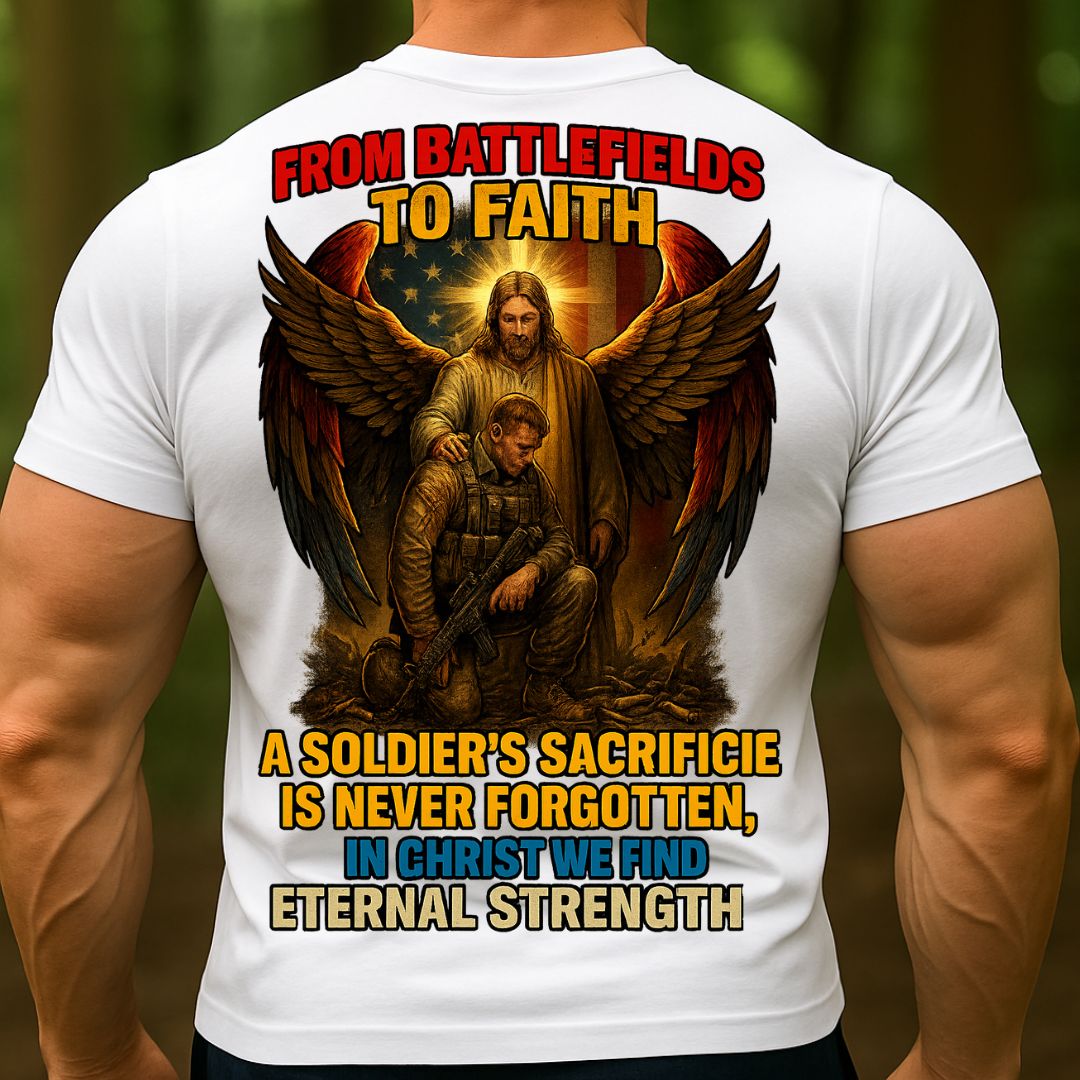 Christian Veteran T-Shirt – From Battlefields to Faith | Soldier Sacrifice Never Forgotten Tee