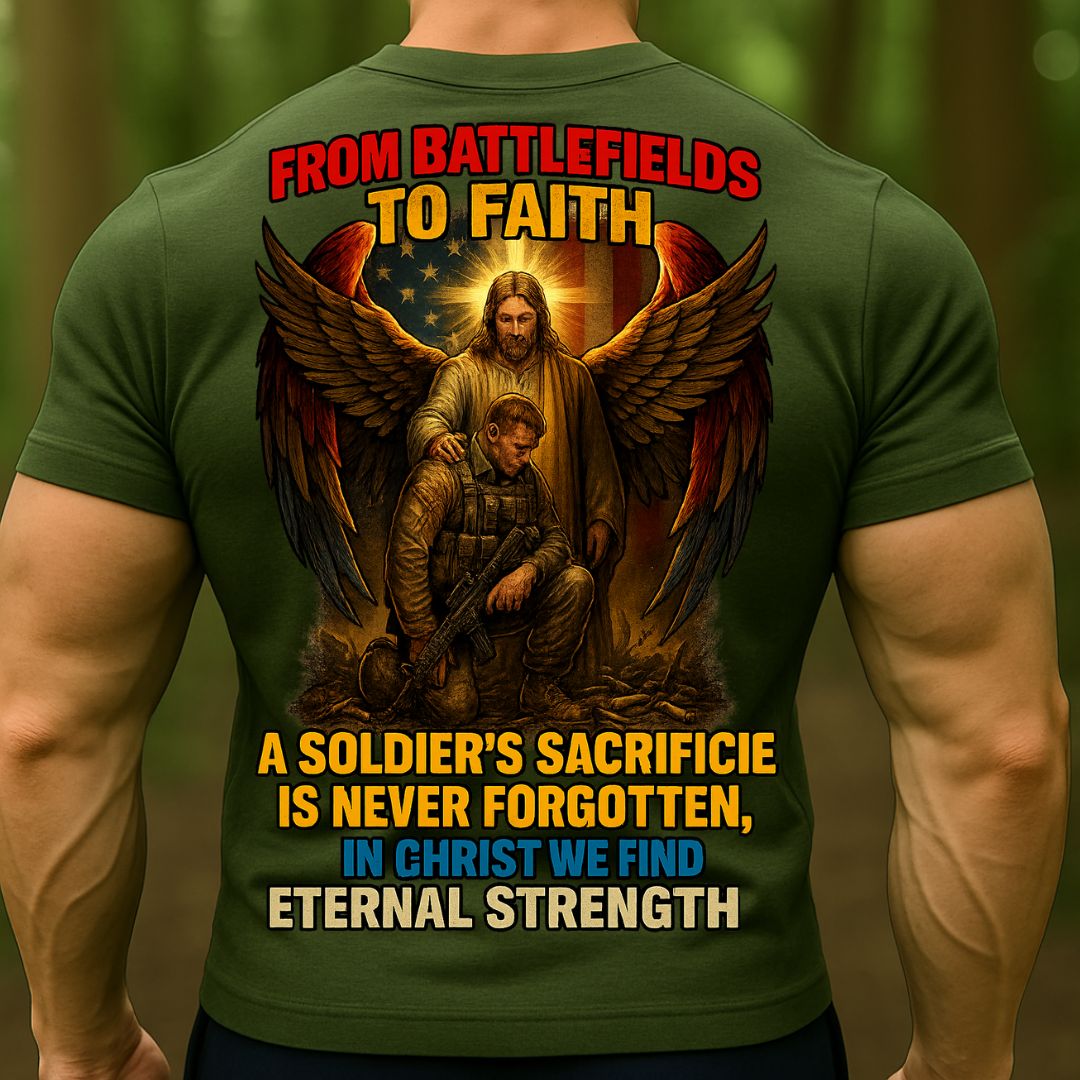 Christian Veteran T-Shirt – From Battlefields to Faith | Soldier Sacrifice Never Forgotten Tee
