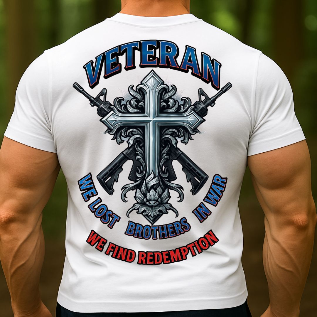 Christian Veteran T-Shirt | We Lost Brothers in War, We Find Redemption Cross Military Shirt