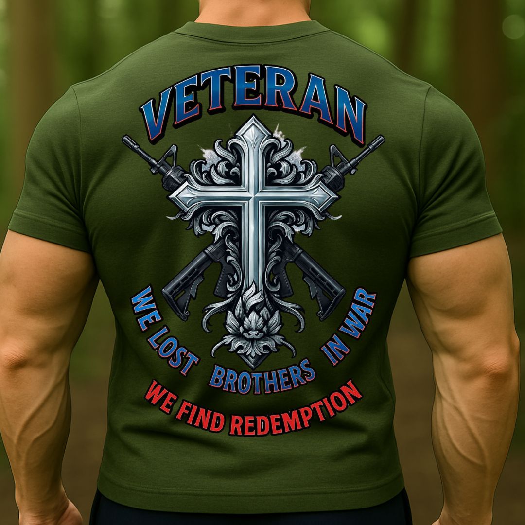 Christian Veteran T-Shirt | We Lost Brothers in War, We Find Redemption Cross Military Shirt