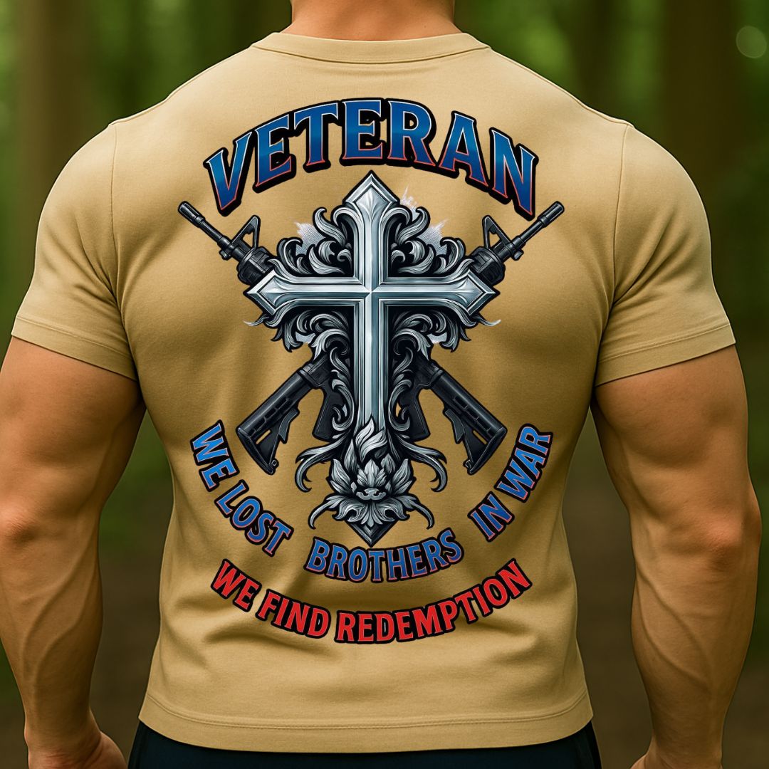 Christian Veteran T-Shirt | We Lost Brothers in War, We Find Redemption Cross Military Shirt