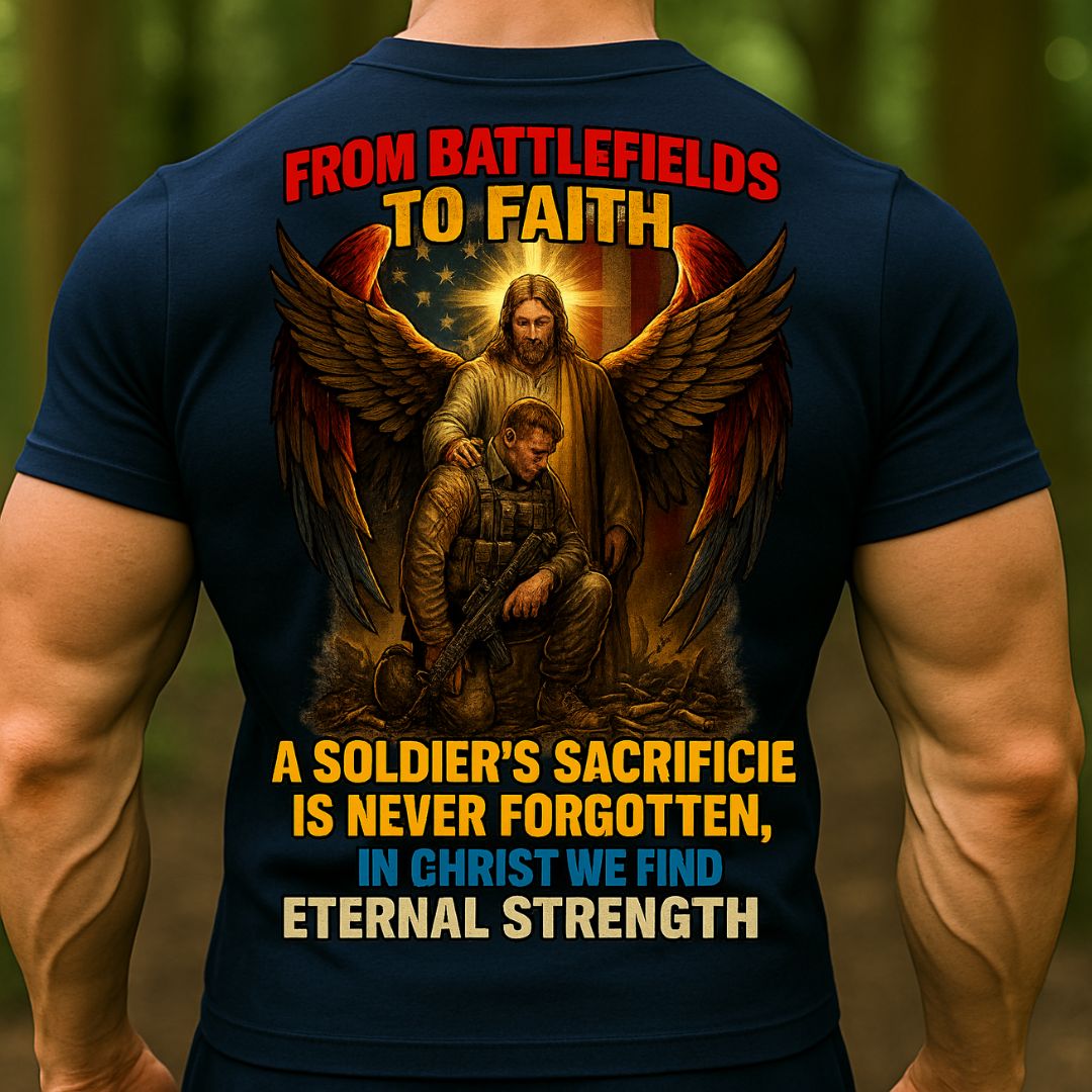 Christian Veteran T-Shirt – From Battlefields to Faith | Soldier Sacrifice Never Forgotten Tee