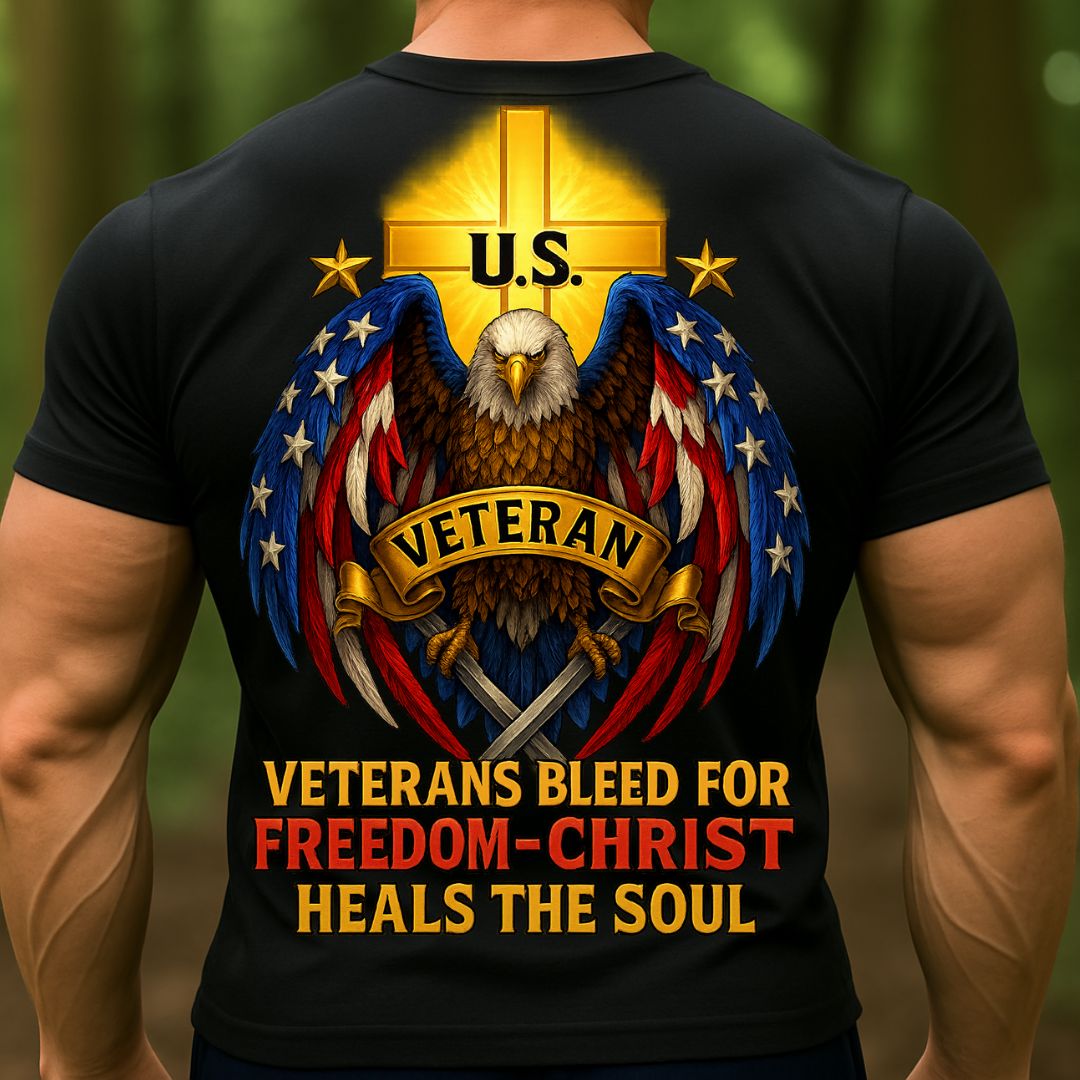 Veteran Christian T-Shirt – US Eagle & Cross Graphic | Freedom, Faith & Patriot Military Shirt