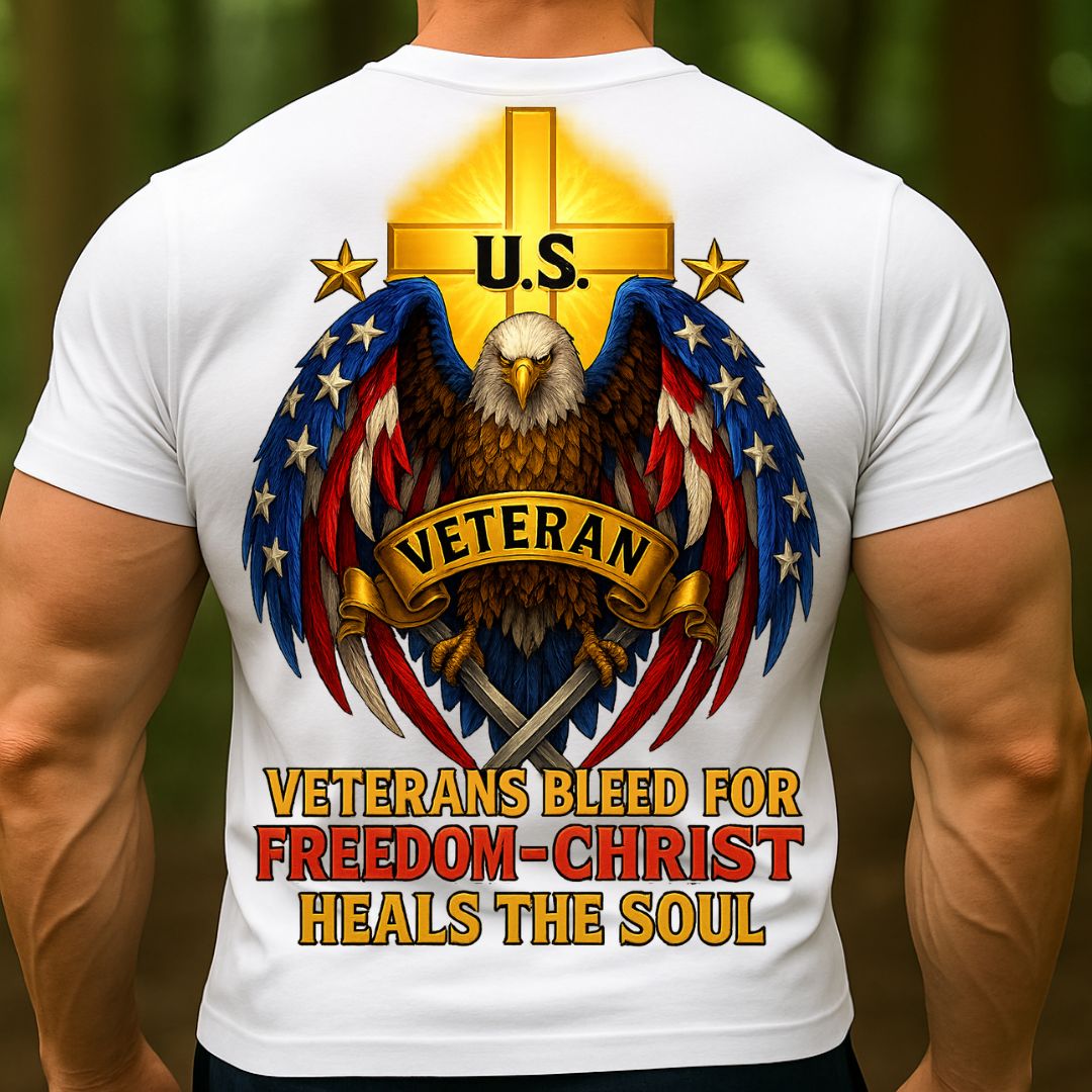Veteran Christian T-Shirt – US Eagle & Cross Graphic | Freedom, Faith & Patriot Military Shirt