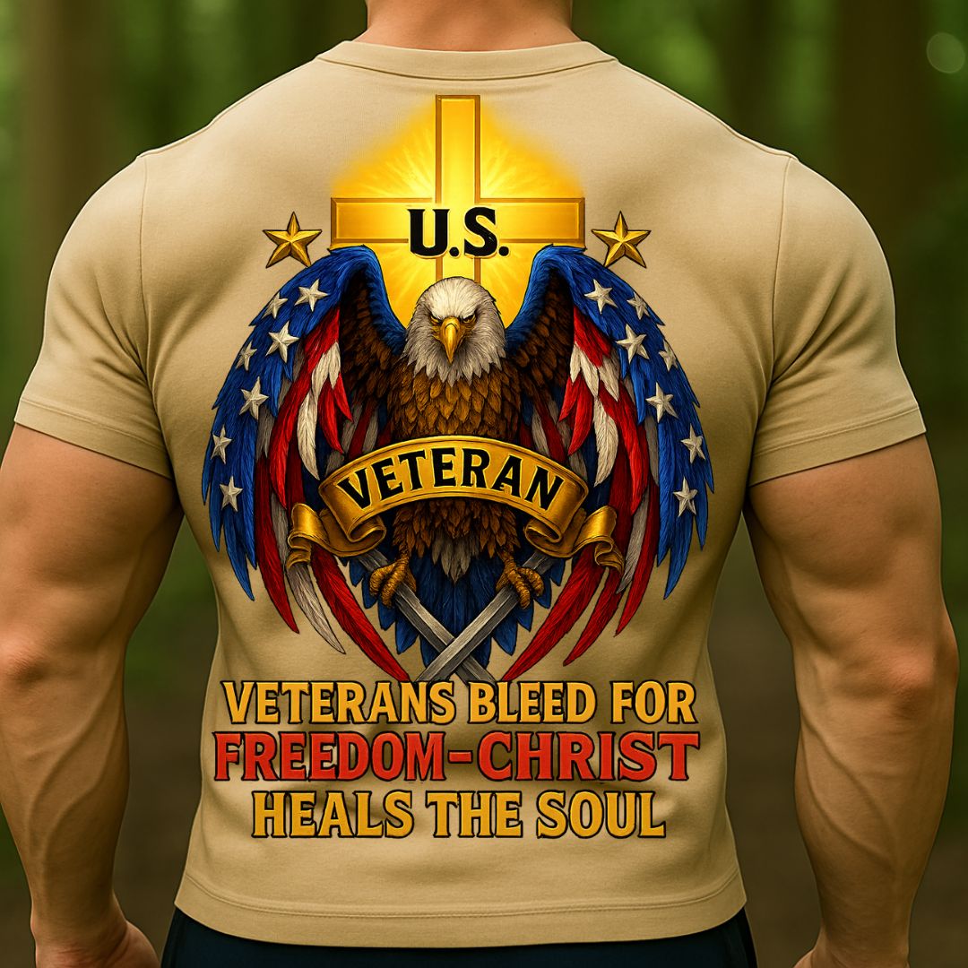 Veteran Christian T-Shirt – US Eagle & Cross Graphic | Freedom, Faith & Patriot Military Shirt