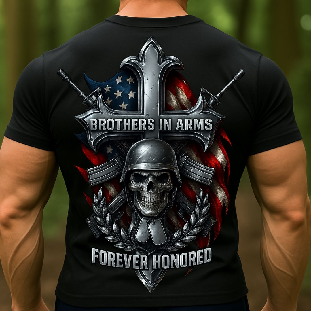 Brothers in Arms Veteran T-Shirt | Military Skull Cross American Flag Shirt