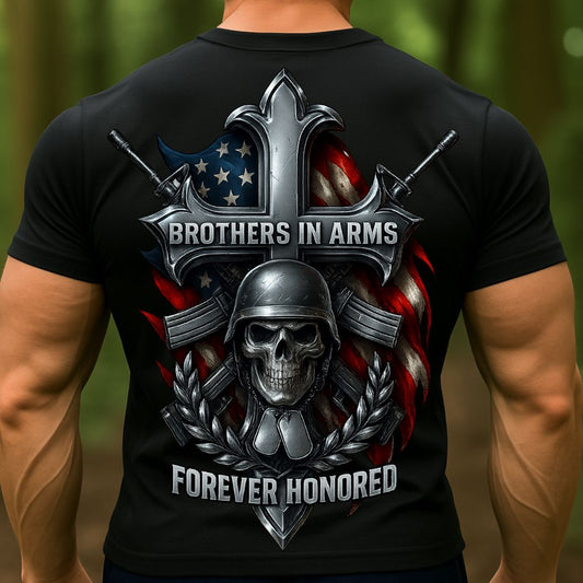 Brothers in Arms Veteran T-Shirt | Military Skull Cross American Flag Shirt