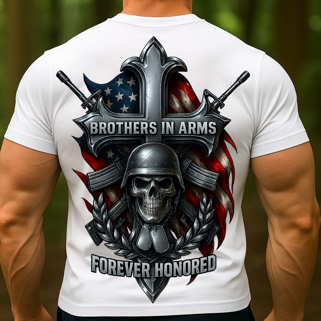 Brothers in Arms Veteran T-Shirt | Military Skull Cross American Flag Shirt