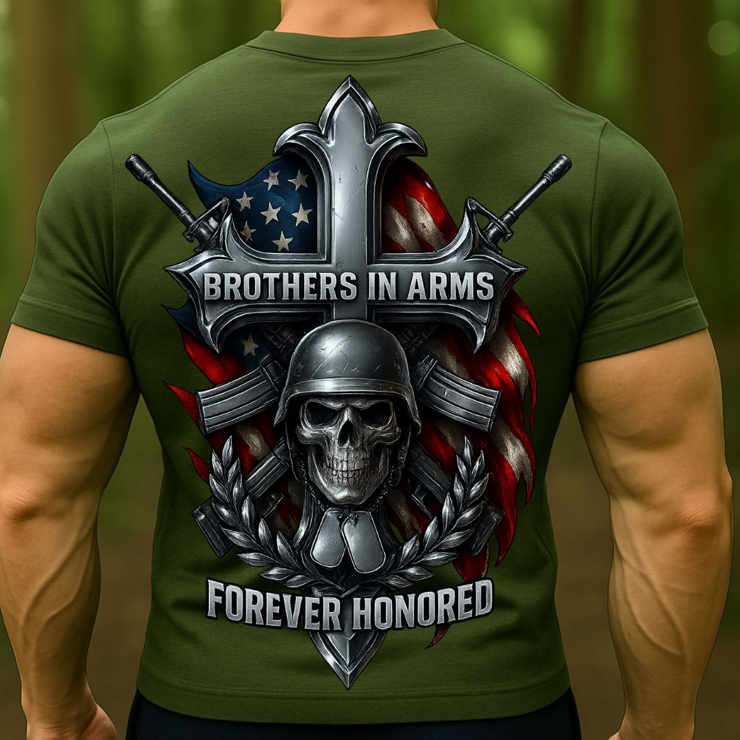 Brothers in Arms Veteran T-Shirt | Military Skull Cross American Flag Shirt